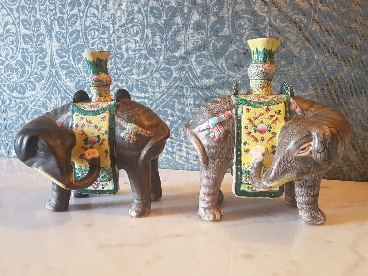 Pair Of Porcelain Candelabra. Depicting Two Elephants. China, 19th Century. 