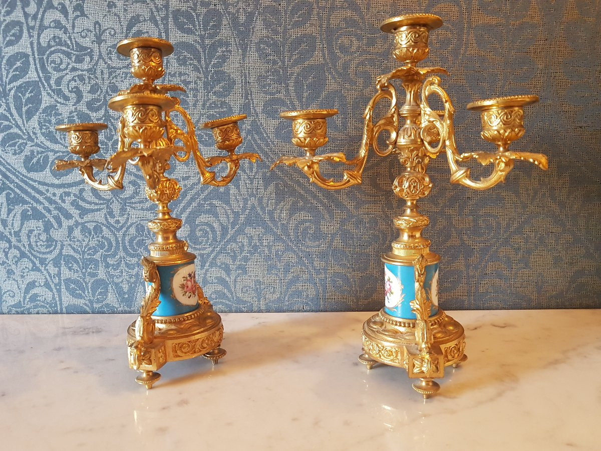 Pair Of Bronze Candelabra With Sèvres Porcelain. Napoleon III.  -photo-3