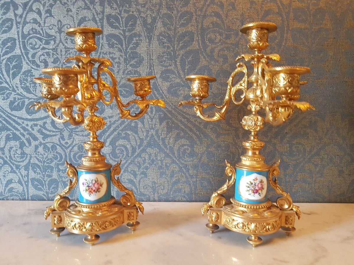 Pair Of Bronze Candelabra With Sèvres Porcelain. Napoleon III.  -photo-4