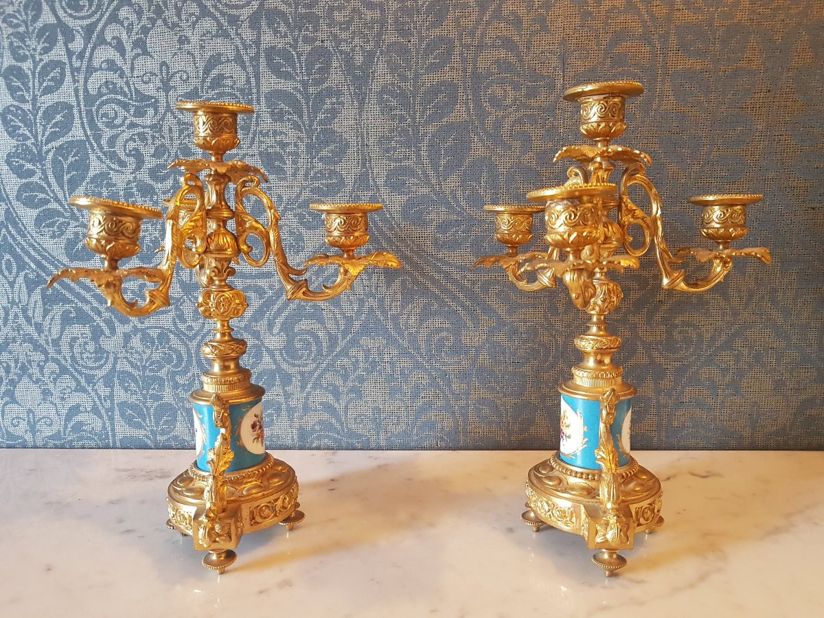 Pair Of Bronze Candelabra With Sèvres Porcelain. Napoleon III.  -photo-5