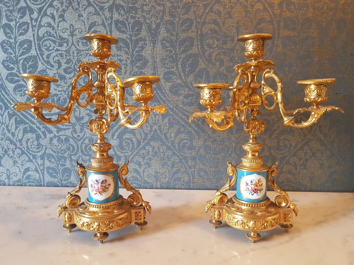 Pair Of Bronze Candelabra With Sèvres Porcelain. Napoleon III.  