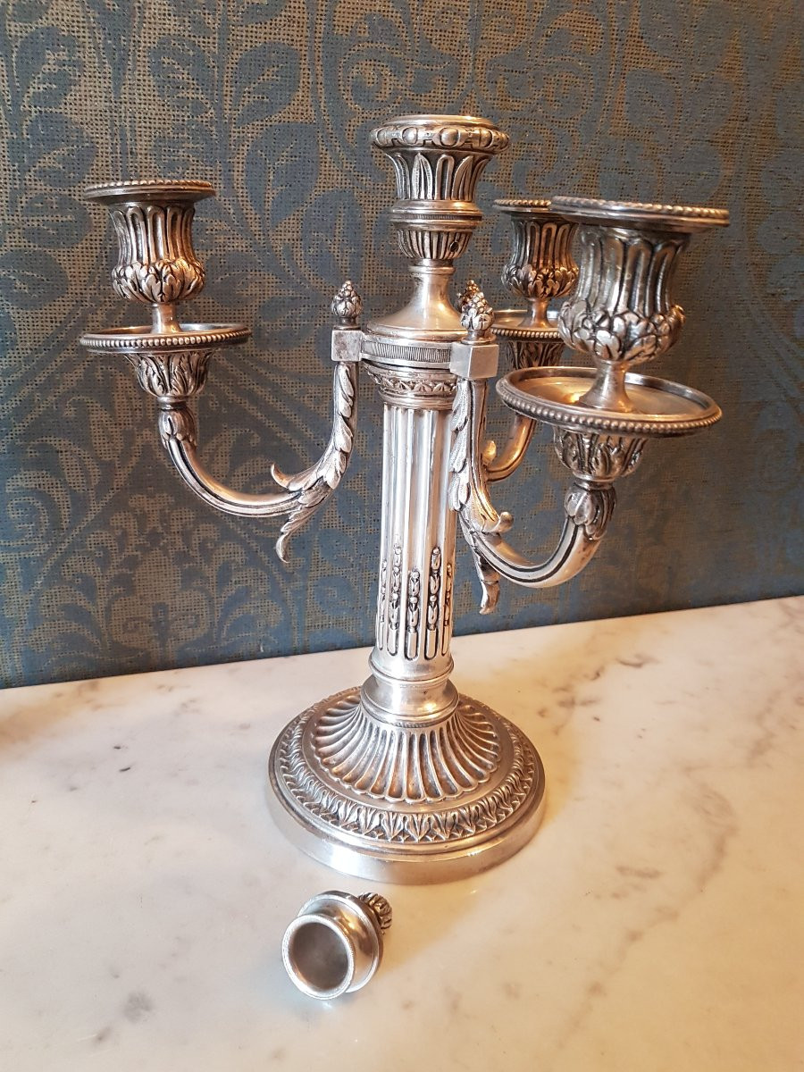 Paire candelabre en bronze- argente  .  Style Louis seize.  19eme. -photo-3