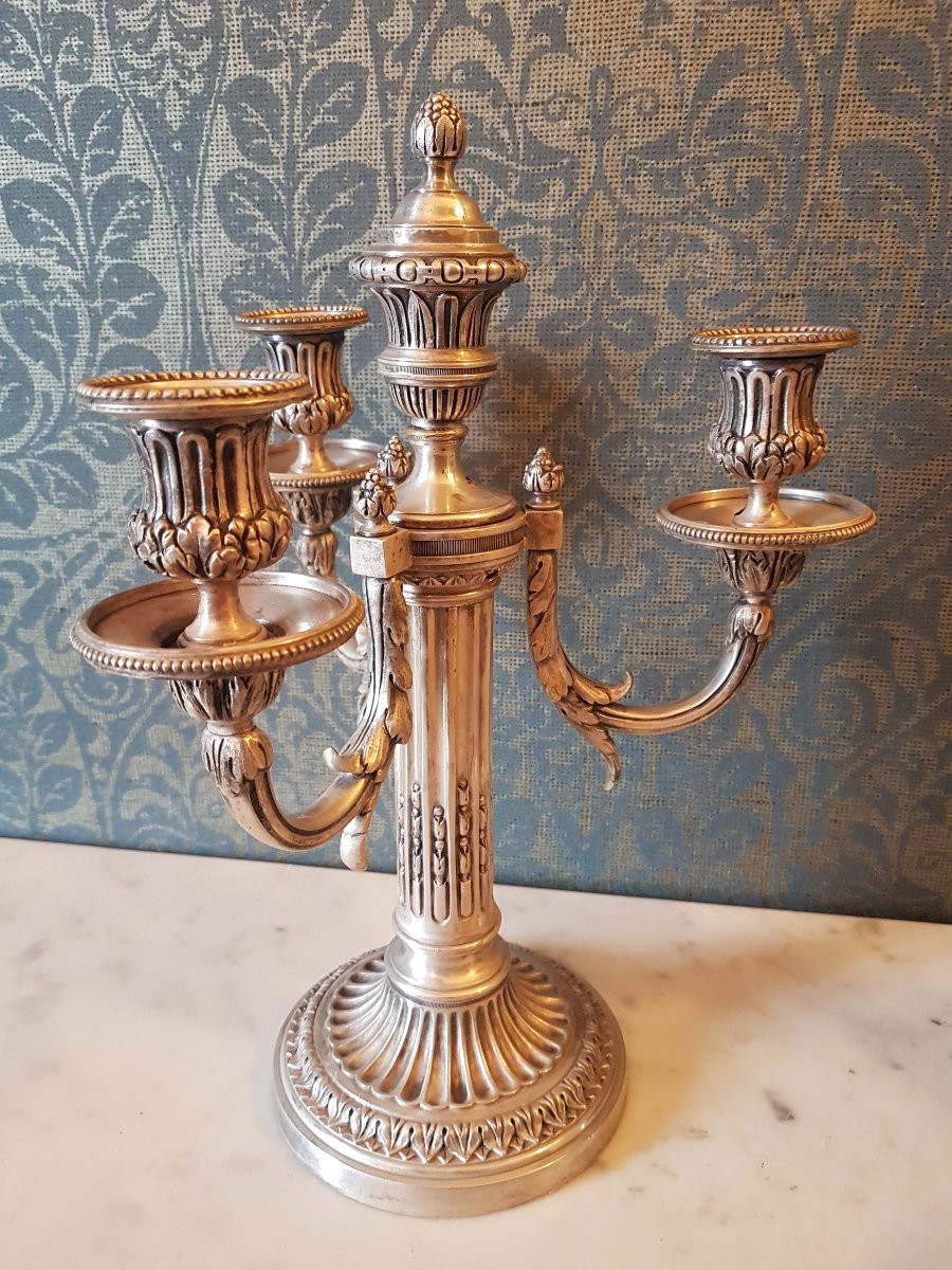 Paire candelabre en bronze- argente  .  Style Louis seize.  19eme. -photo-6
