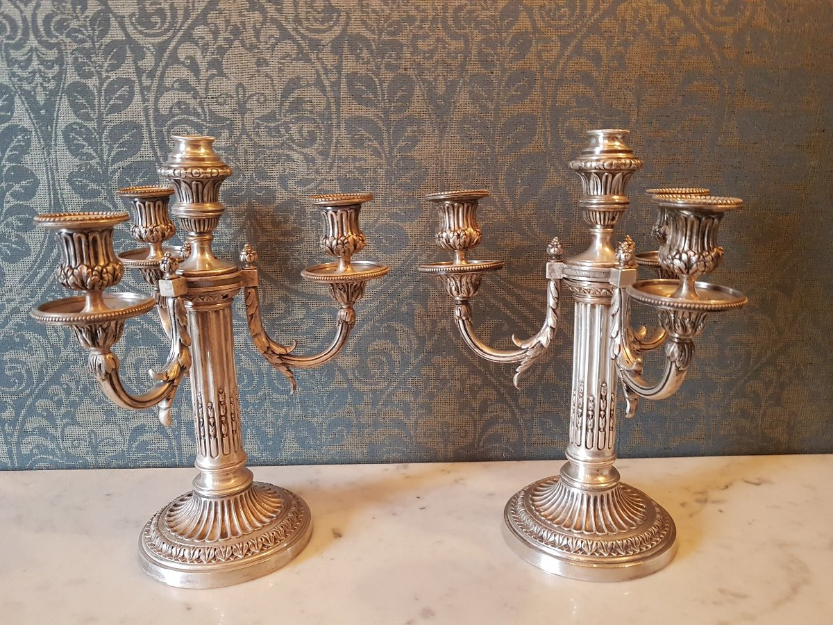 Paire candelabre en bronze- argente  .  Style Louis seize.  19eme. -photo-8