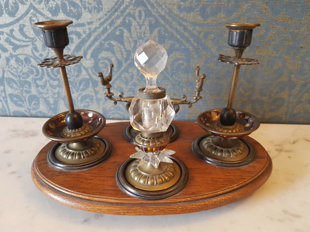 Encrier en  bronze, bois,  emaille  et crystal.  Napoleon III. -photo-6