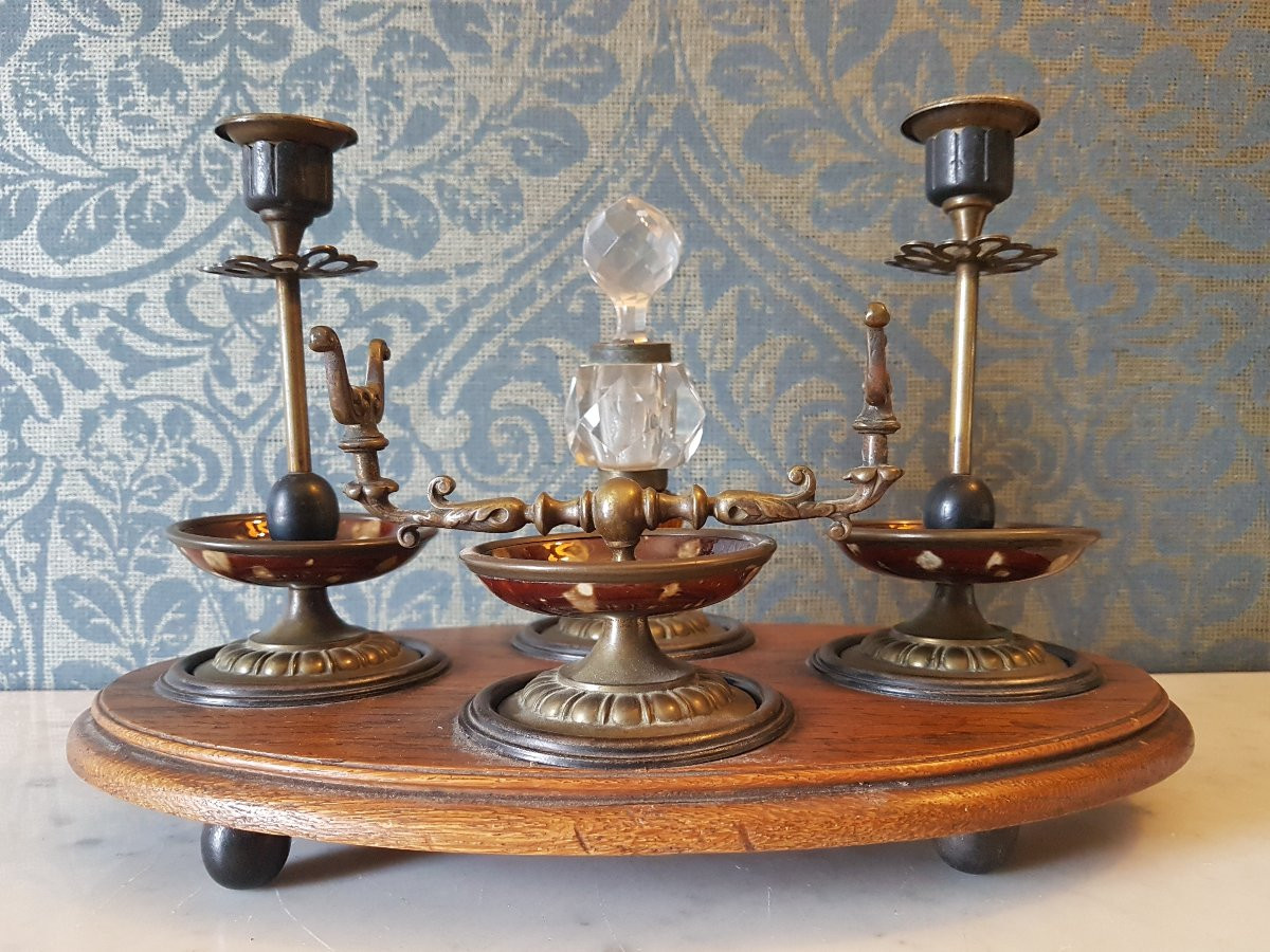 Encrier en  bronze, bois,  emaille  et crystal.  Napoleon III. -photo-7