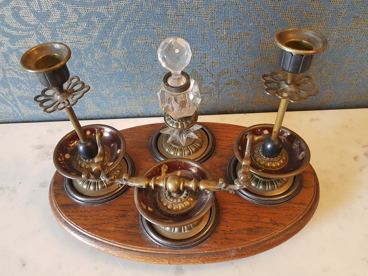 Encrier en  bronze, bois,  emaille  et crystal.  Napoleon III. 