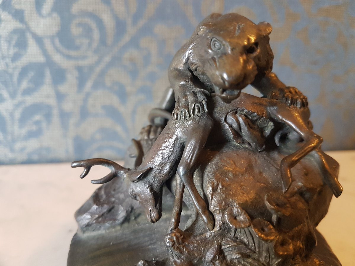 Bronze Sculpture Depicting A Panther With Its Prey. Clovis Masson. 19th Century. -photo-4