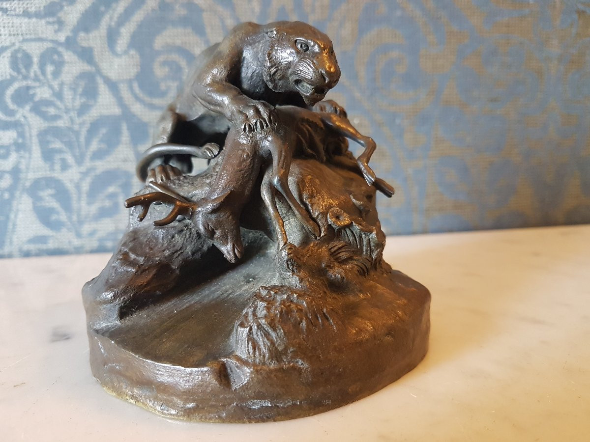 Bronze Sculpture Depicting A Panther With Its Prey. Clovis Masson. 19th Century. -photo-8
