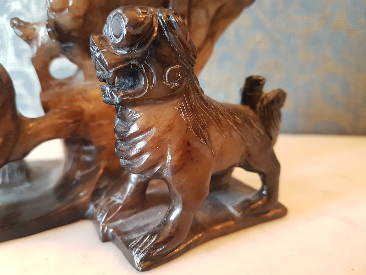 Chinese Sculpture In Agate Stone. Representing: Four Foo Dogs. 19th Century. -photo-3