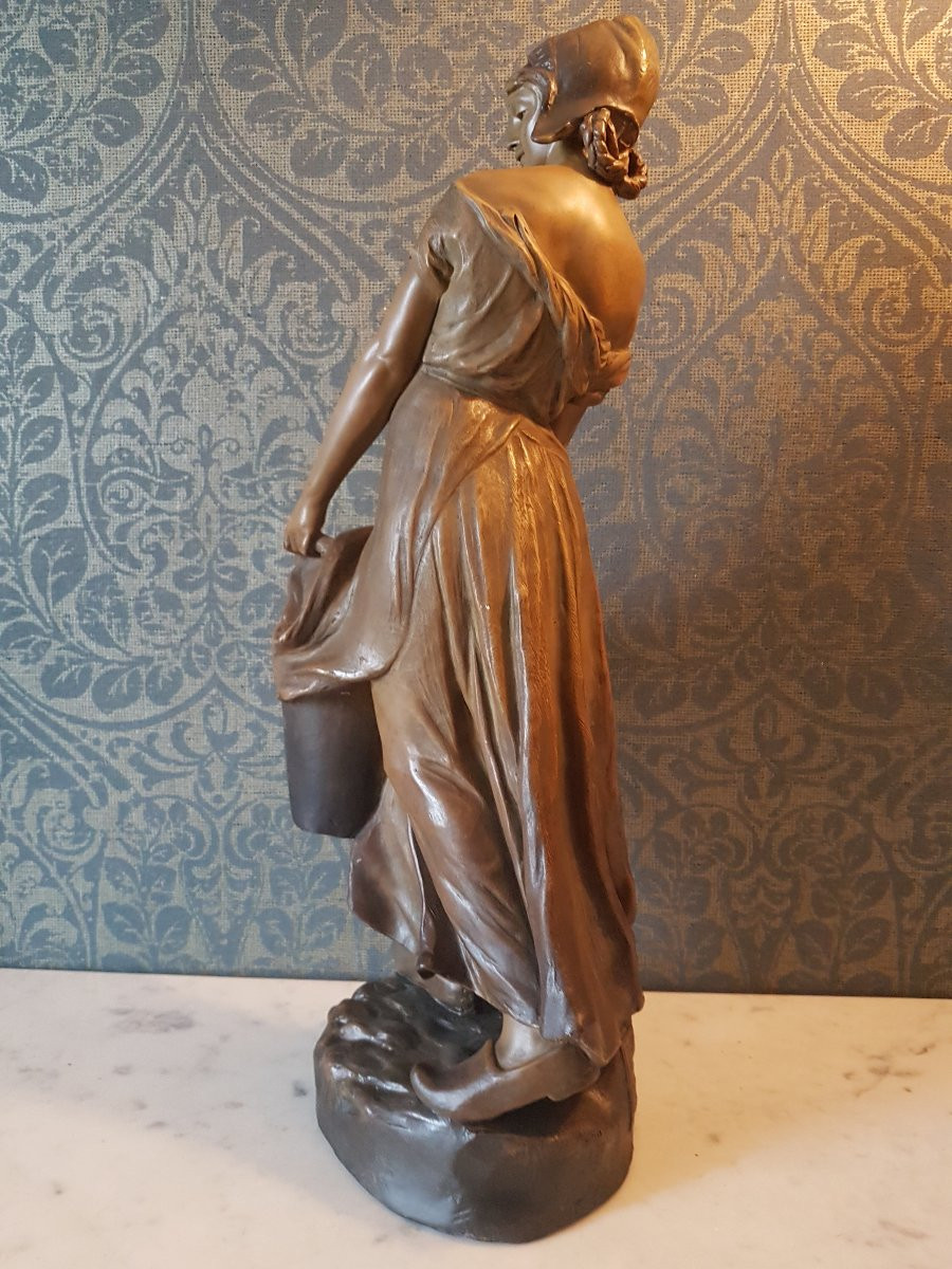 Sculpture en Terre- cuite. "Jeune  femme ".  Fondeur:  Goldscheider.  19eme. -photo-4