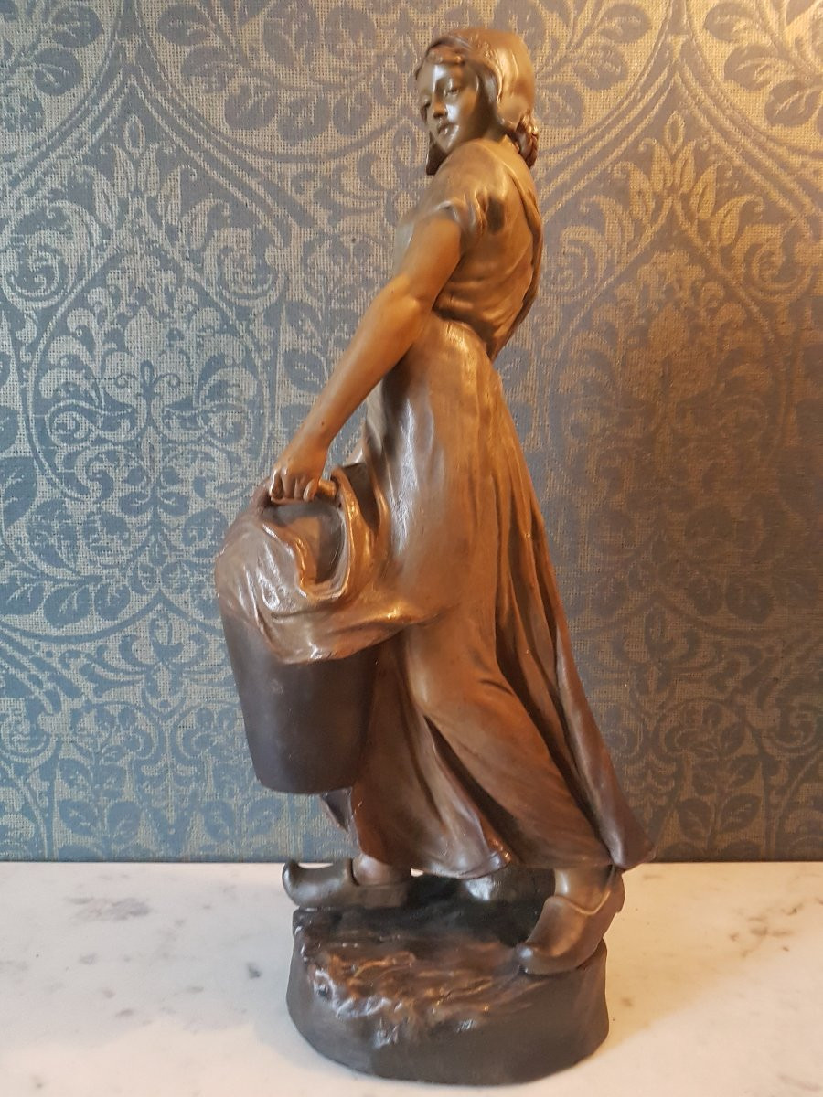 Sculpture en Terre- cuite. "Jeune  femme ".  Fondeur:  Goldscheider.  19eme. -photo-5