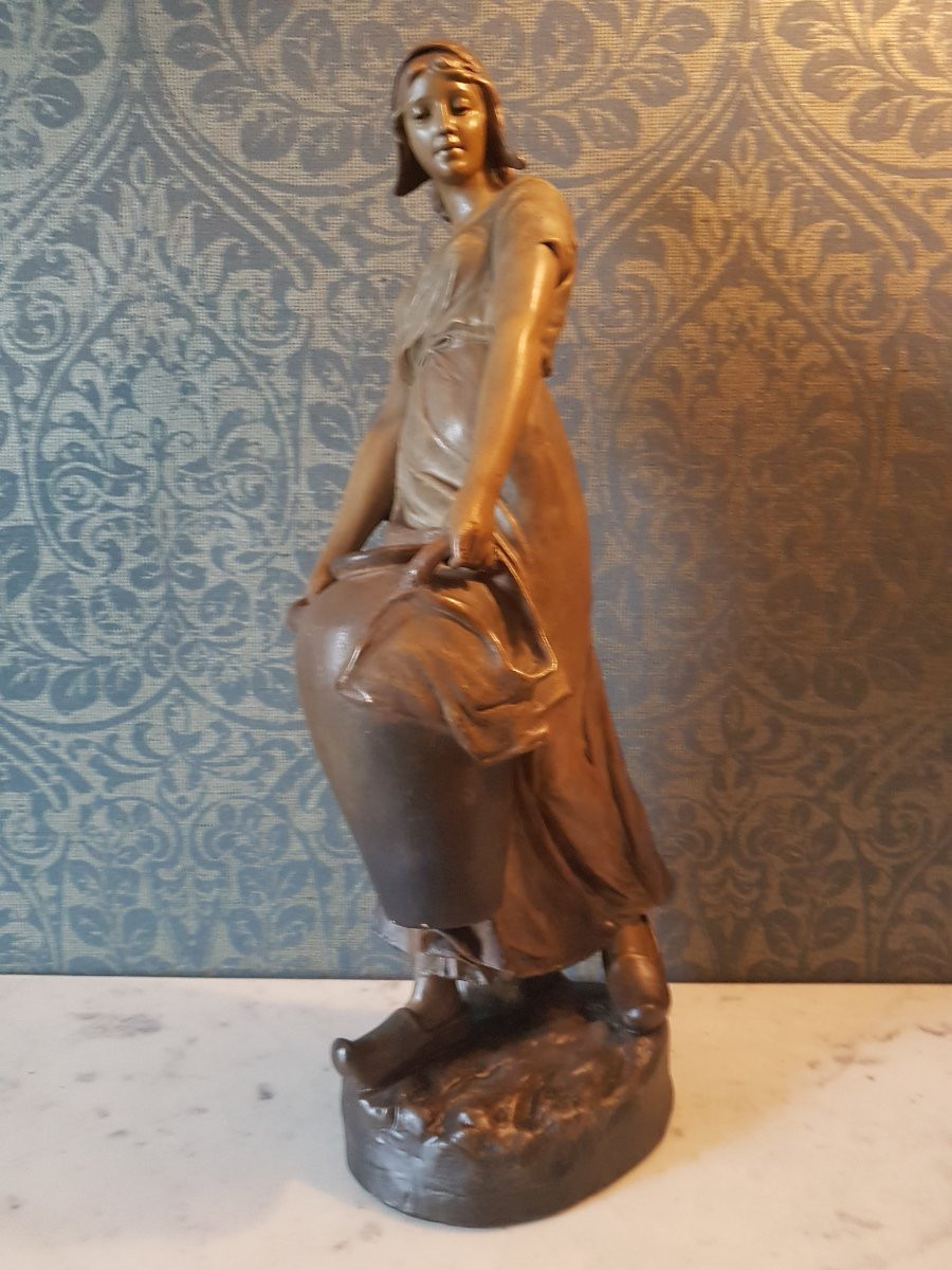 Sculpture en Terre- cuite. "Jeune  femme ".  Fondeur:  Goldscheider.  19eme. -photo-7