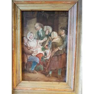 Tableau  sur panneaux.  Signé : F.  Patte  1854.