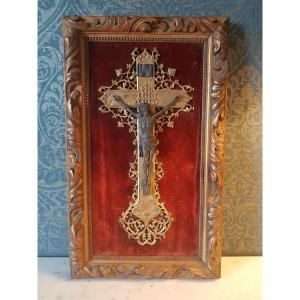 Bronze Crucifix In Frame. 19th Century. 