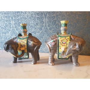 Pair Of Porcelain Candelabra. Depicting Two Elephants. China, 19th Century. 