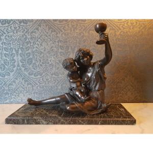 Bronze Sculpture Representing Diana Hunting With Child. 19th Century. 