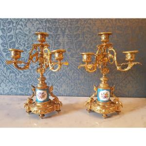 Pair Of Bronze Candelabra With Sèvres Porcelain. Napoleon III.  