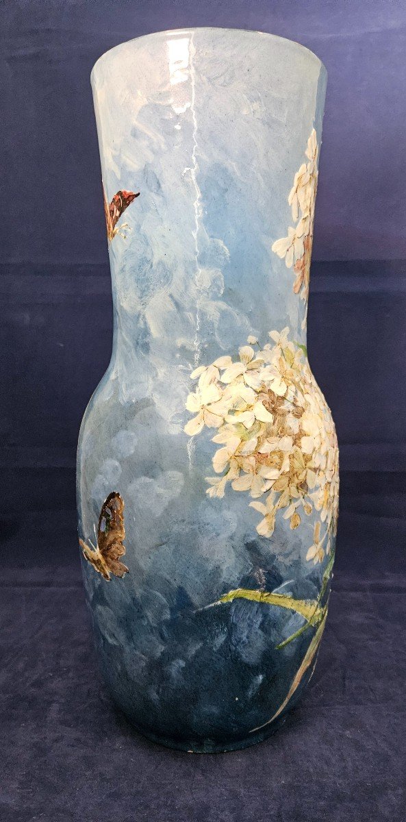 Large Impressionist Earthenware Vase Montigny Sur Loing Signed Giillaume Cachier Late 19th -photo-4