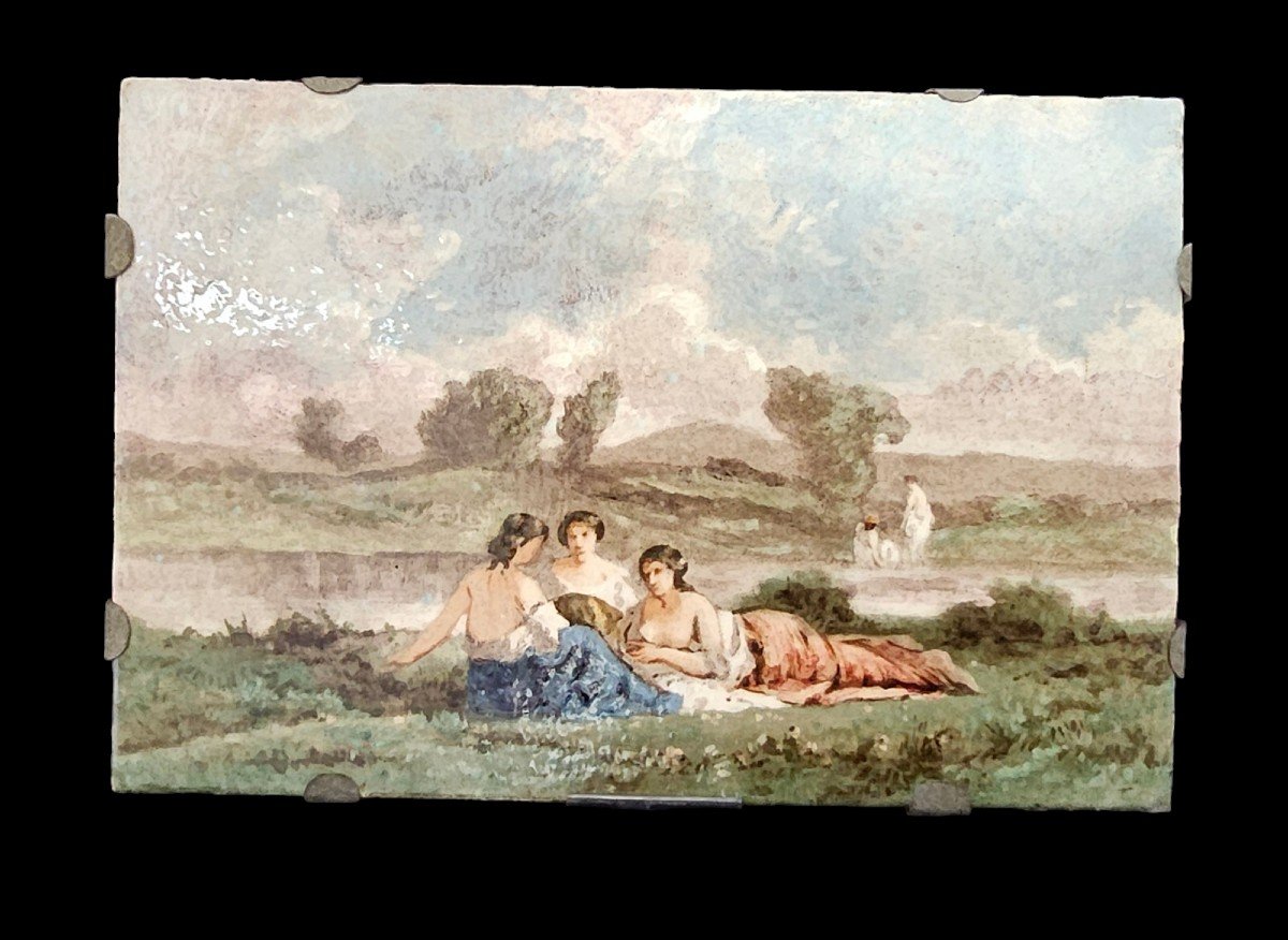 Plaque décor à la barbotine colorée Montigny sur Loing étiquette Eugène Schopin 19ème 