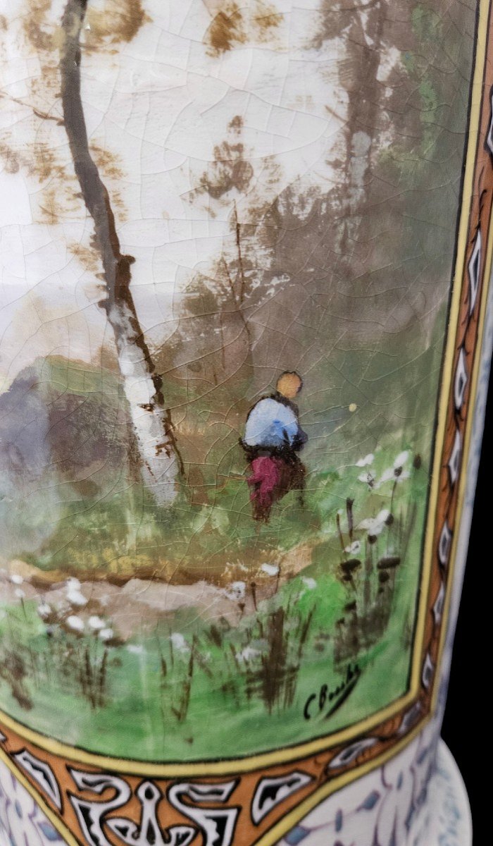 Large Earthenware Vase By Jules Viellard In Bordeaux Signed C. Buche Impressionist Decor -photo-2