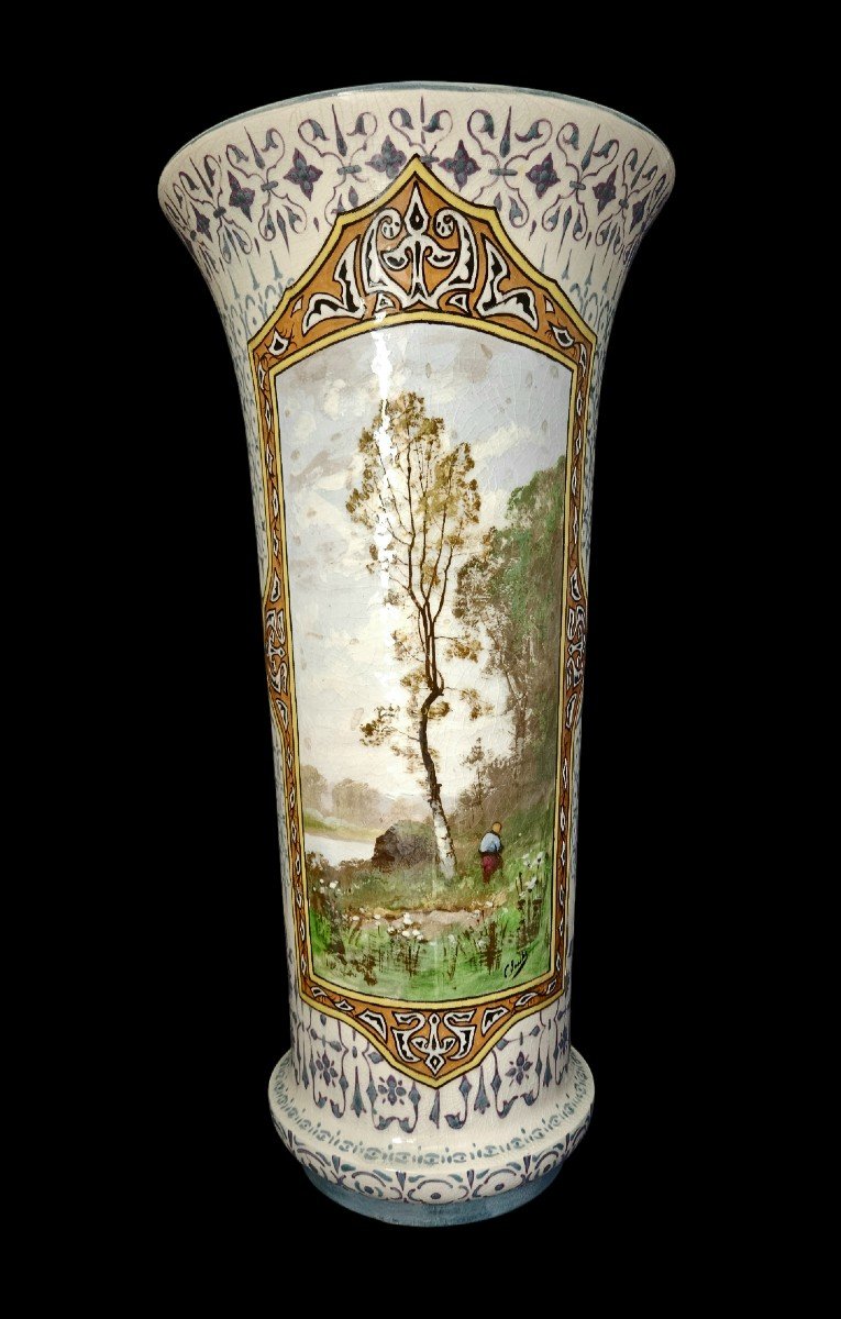 Large Earthenware Vase By Jules Viellard In Bordeaux Signed C. Buche Impressionist Decor 