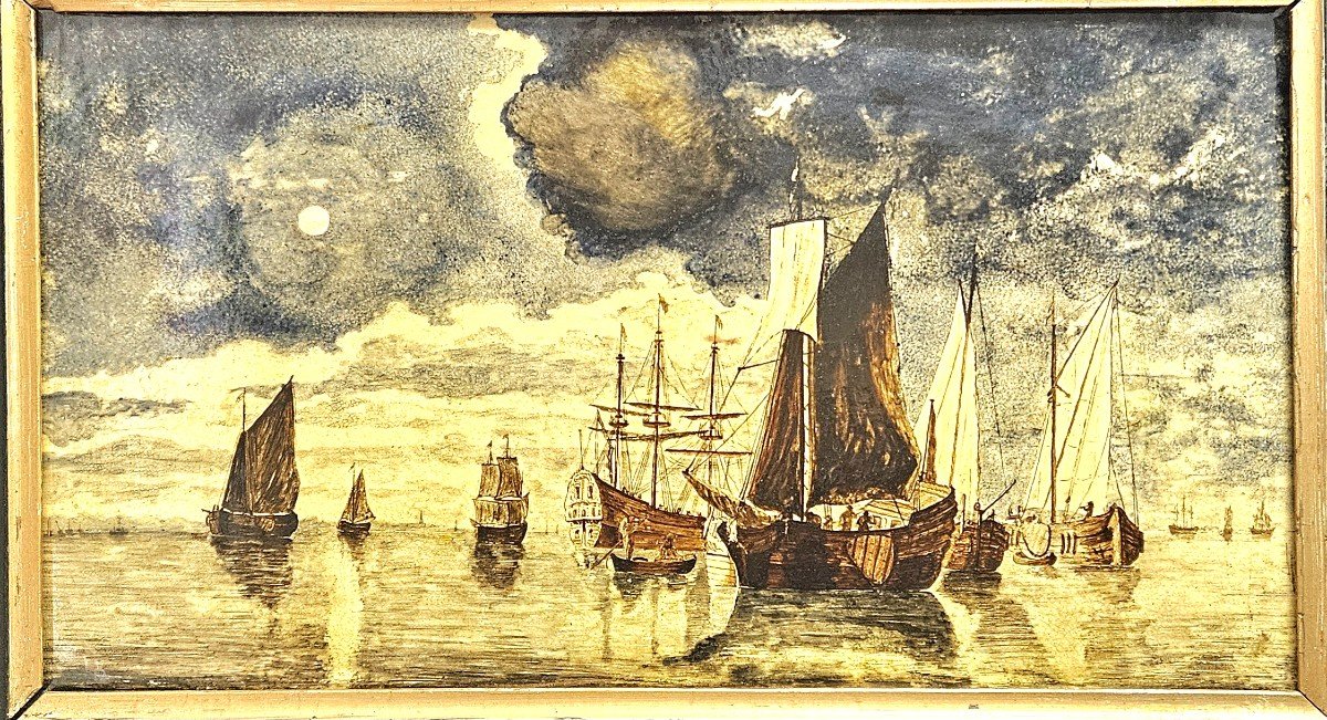 Large Ceramic Plaque Decorated With A Painted Marine Under Enamel, 19th Century -photo-3