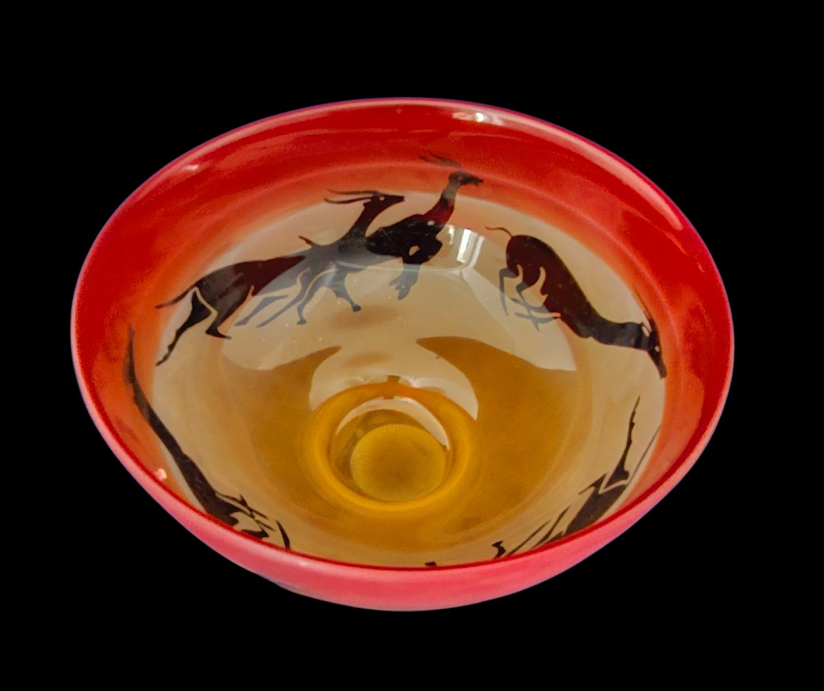 Art Deco Glass Bowl With Gazelle Decor, Acid Etched, Circa 1930-photo-1