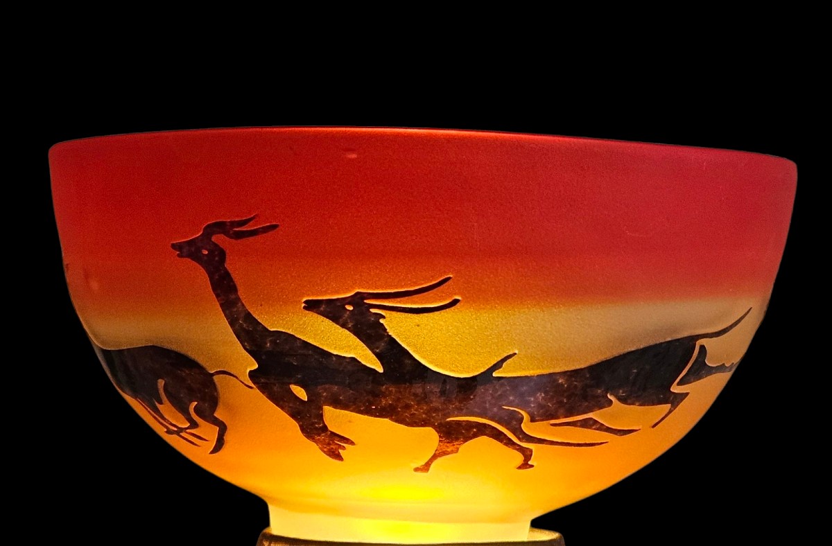 Art Deco Glass Bowl With Gazelle Decor, Acid Etched, Circa 1930
