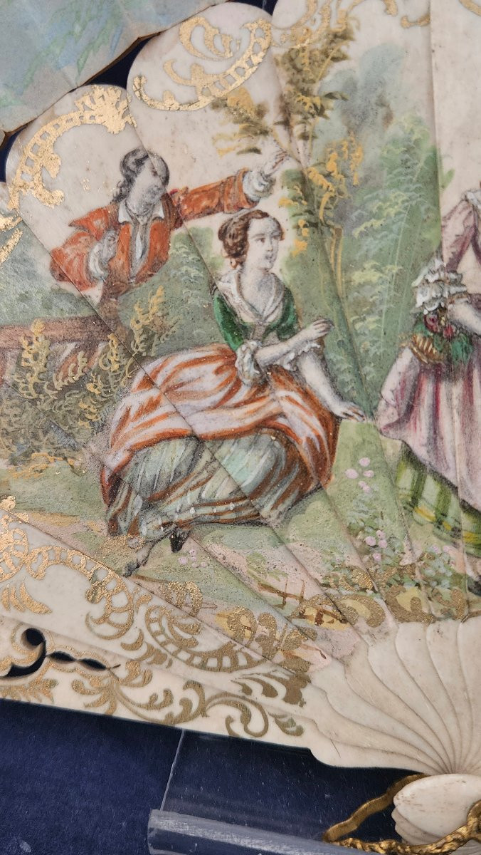 Éventail double  décor «  scène galante  » époque XVIII éme Siècle. -photo-3