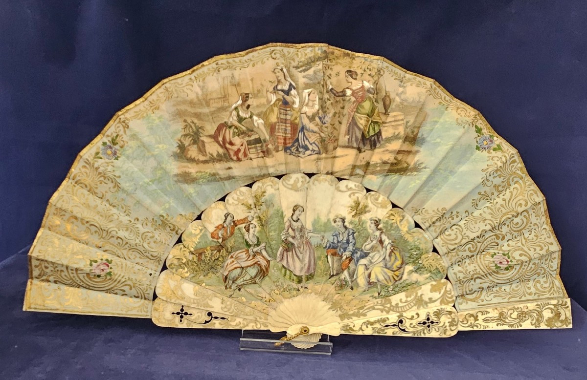 Éventail double  décor «  scène galante  » époque XVIII éme Siècle. 