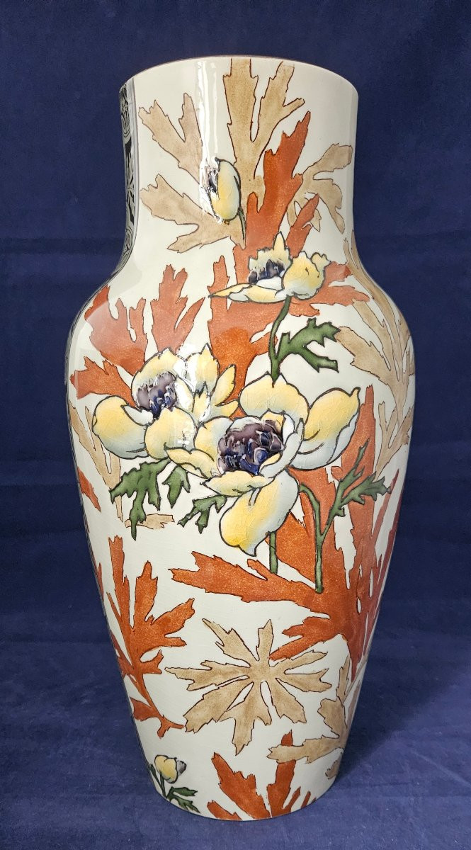 Large Gien Earthenware Vase With Art Nouveau Decoration Circa 1900-photo-4
