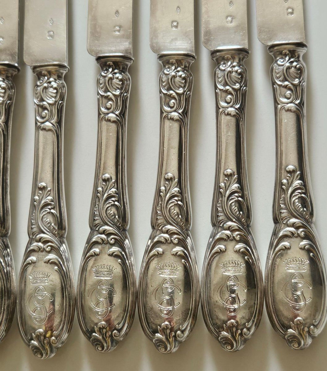12 Silver Fruit Knives With Count's Crown And Monogram, Late 19th Century -photo-2