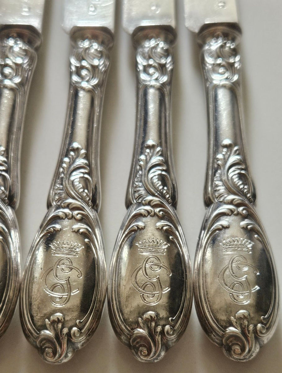 12 Silver Fruit Knives With Count's Crown And Monogram, Late 19th Century -photo-3