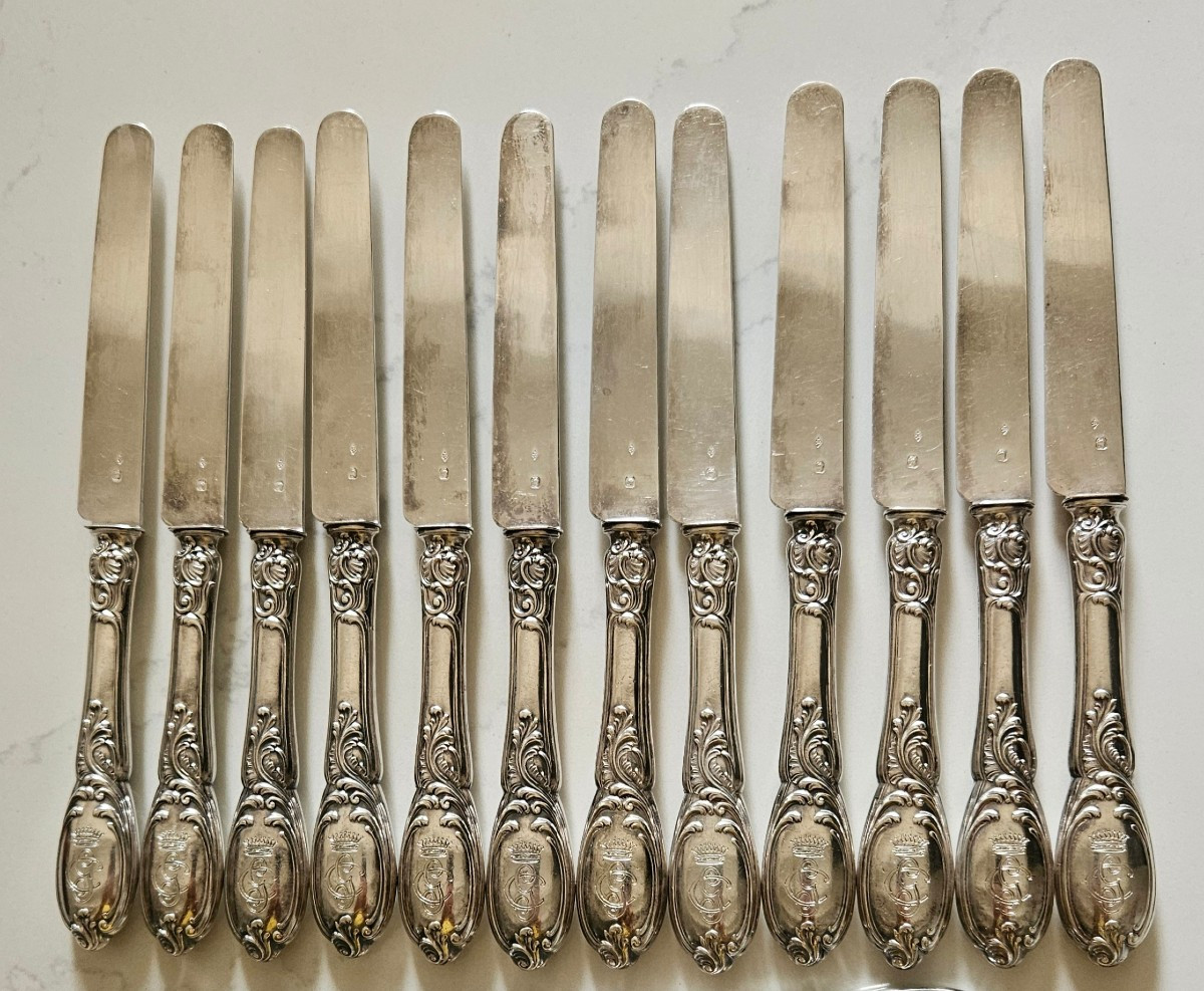 12 Silver Fruit Knives With Count's Crown And Monogram, Late 19th Century 