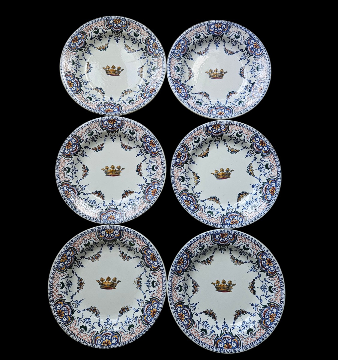 GIEN, 6 assiettes décor Rouen couronne Marquisale. 19 ème siècle 