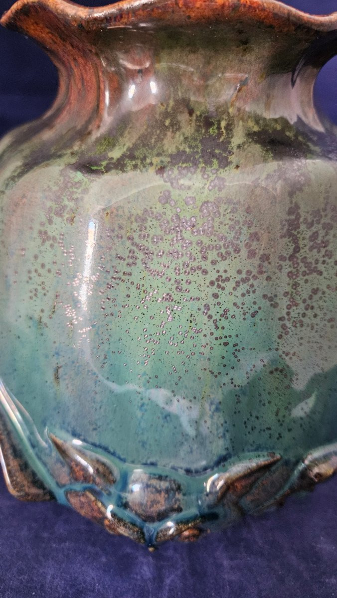 Delphin Massier (1836-1907) à Vallauris Chat-huant Lustrous, Glazed Ceramic Vase, Signed.-photo-1