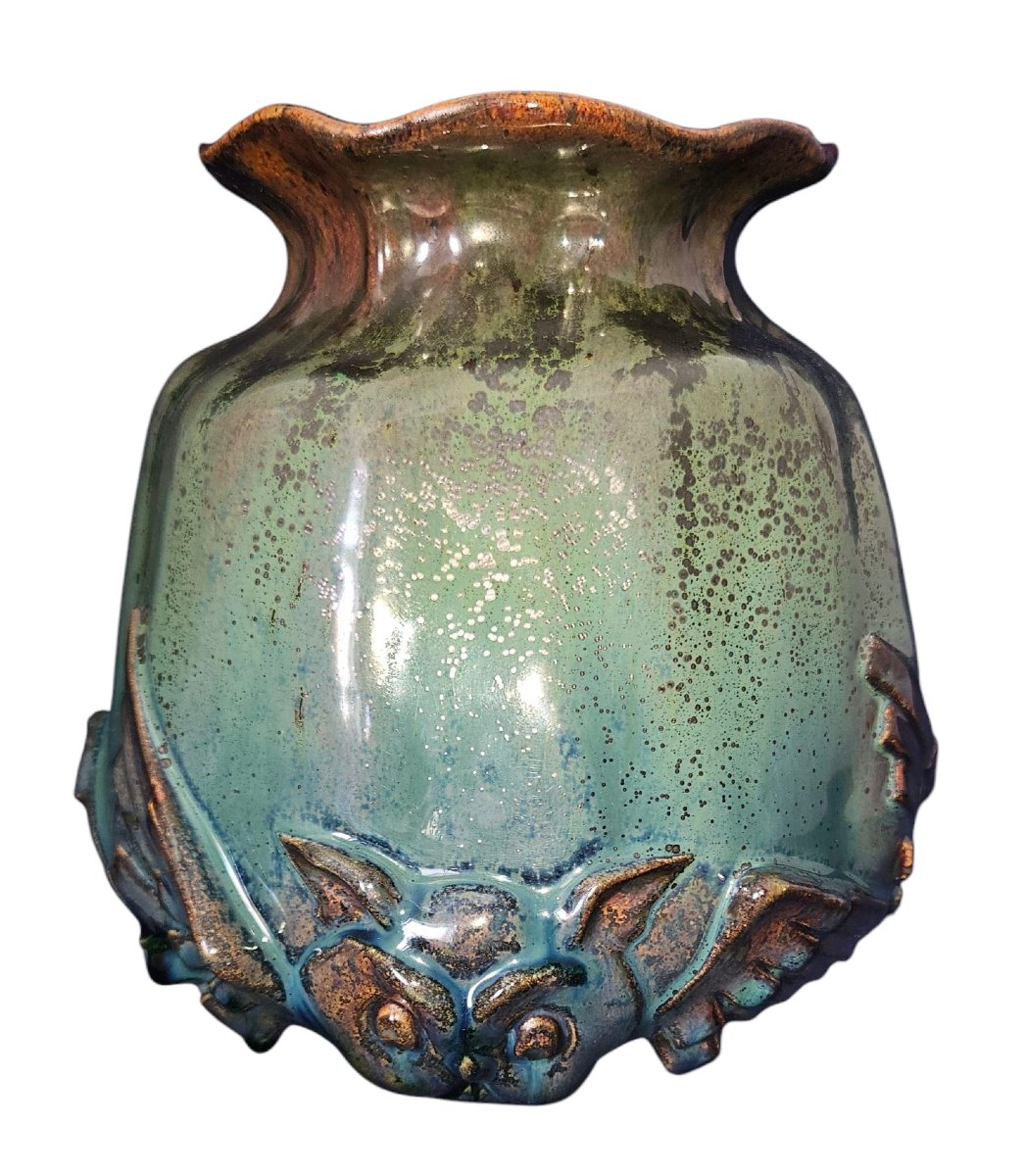 Delphin Massier (1836-1907) à Vallauris Chat-huant Lustrous, Glazed Ceramic Vase, Signed.-photo-2