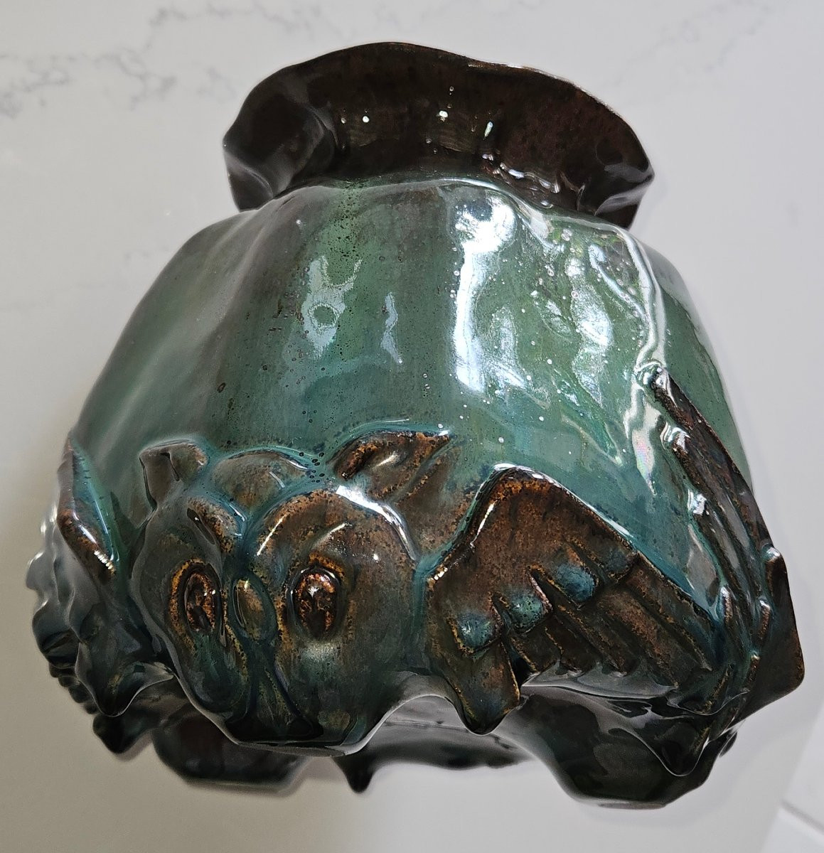 Delphin Massier (1836-1907) à Vallauris Chat-huant Lustrous, Glazed Ceramic Vase, Signed.-photo-3