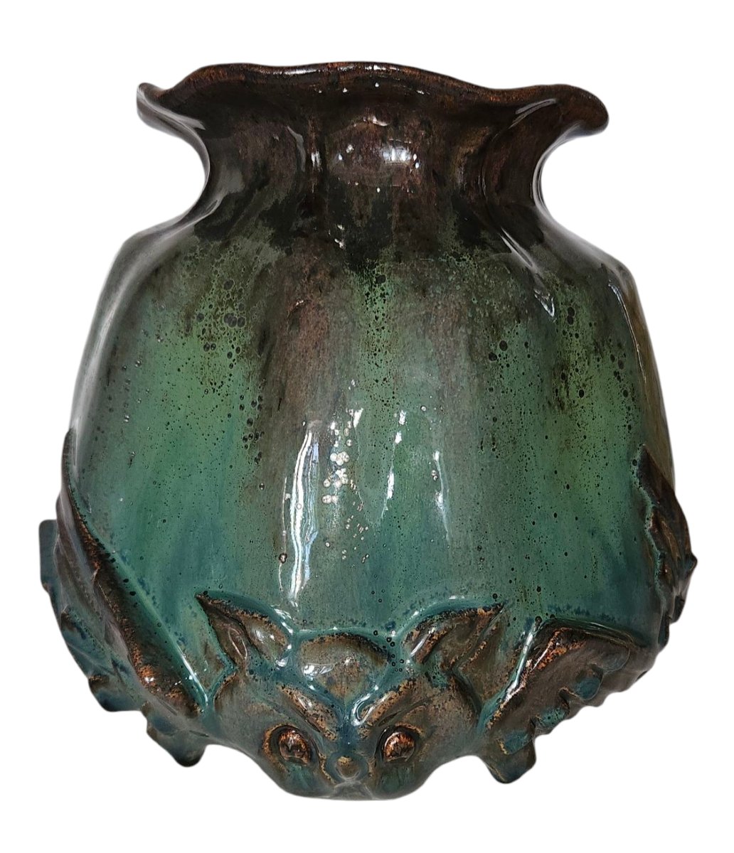Delphin Massier (1836-1907) à Vallauris Chat-huant Lustrous, Glazed Ceramic Vase, Signed.-photo-4