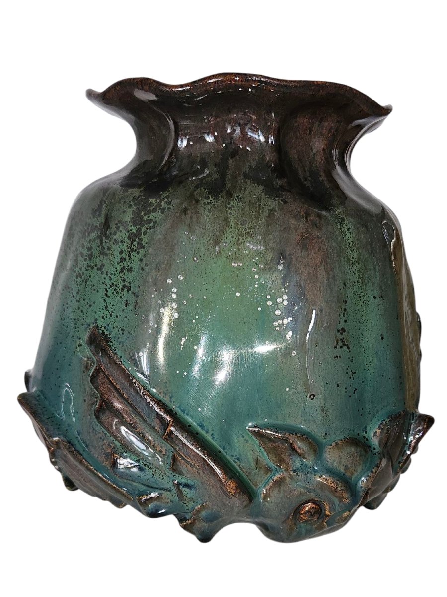 Delphin Massier (1836-1907) à Vallauris Chat-huant Lustrous, Glazed Ceramic Vase, Signed.-photo-5