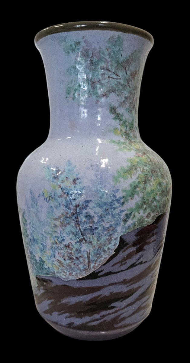 Grand vase en céramique Art déco, décor animalier aux émaux. Signé -photo-4
