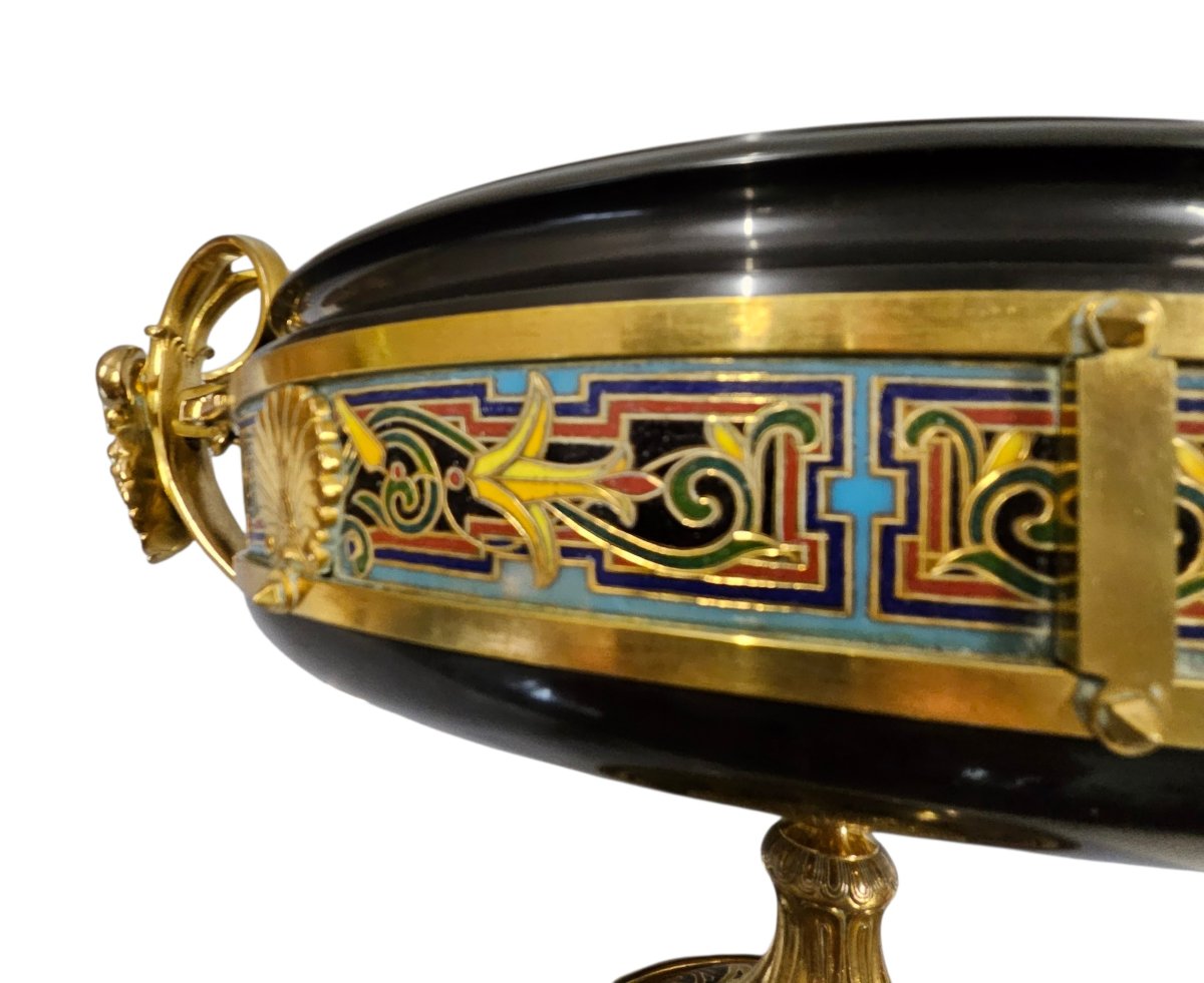 Large Bowl, F. Barbedienne In Marble, Chased And Gilded Bronze And Cloisonné Enamel 19th Century-photo-2