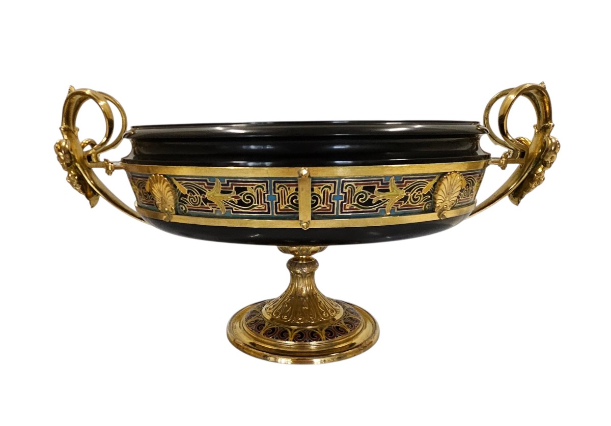 Large Bowl, F. Barbedienne In Marble, Chased And Gilded Bronze And Cloisonné Enamel 19th Century