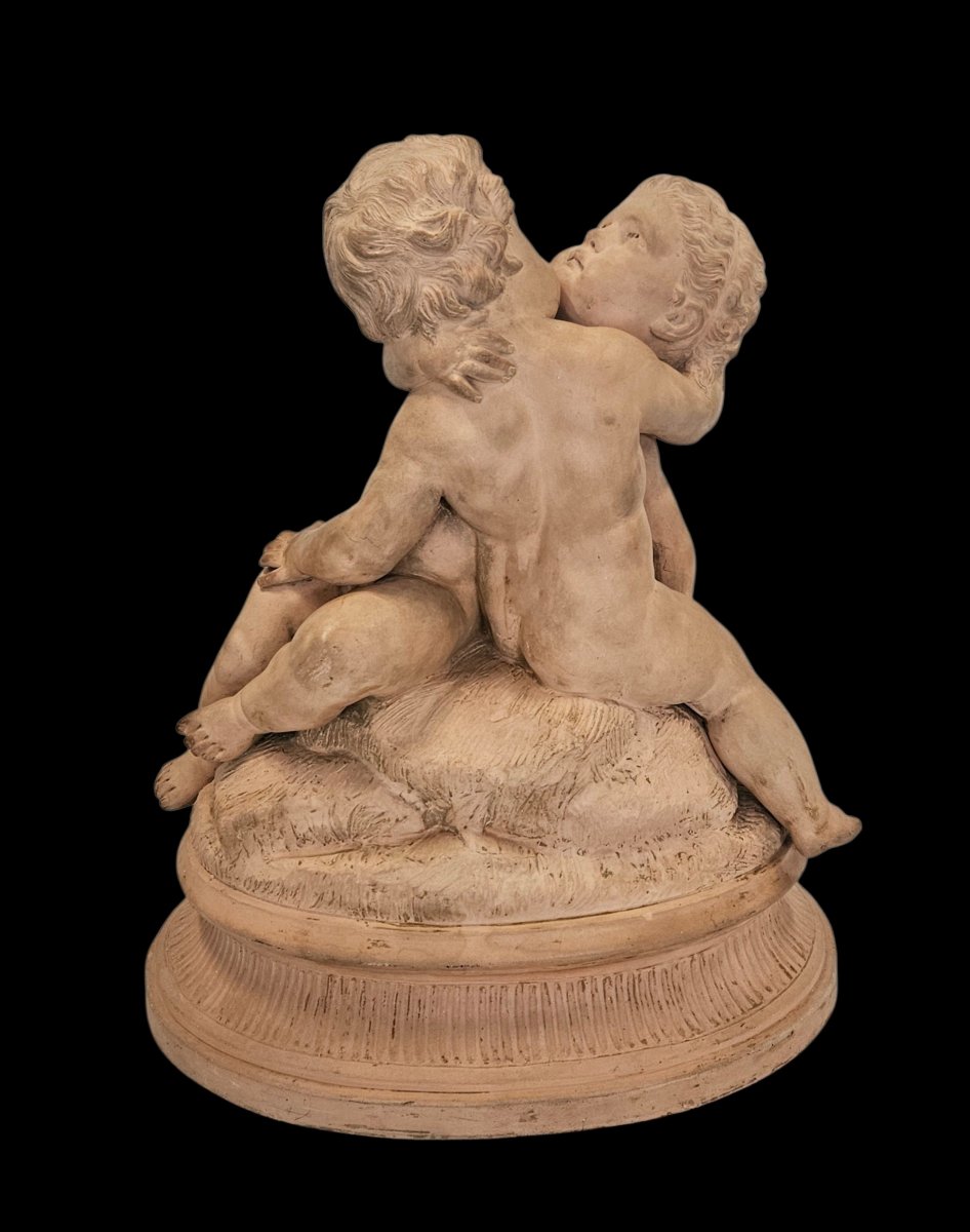 Groupe, sculpture en terre cuite d'après Berteault " Le baiser " fin 19 ème -photo-3