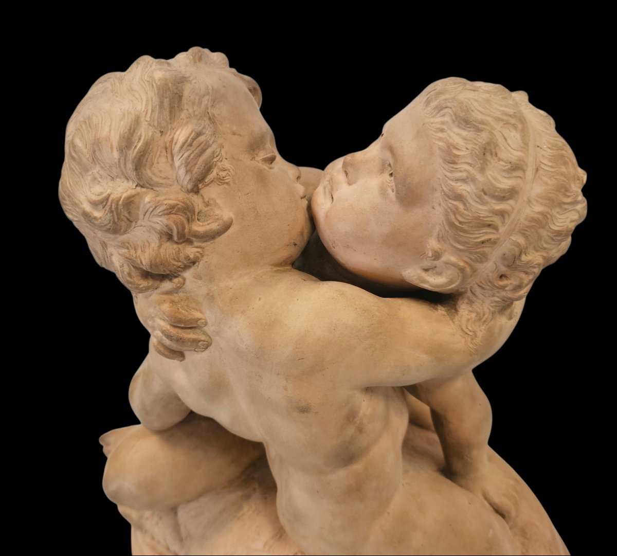 Groupe, sculpture en terre cuite d'après Berteault " Le baiser " fin 19 ème -photo-4