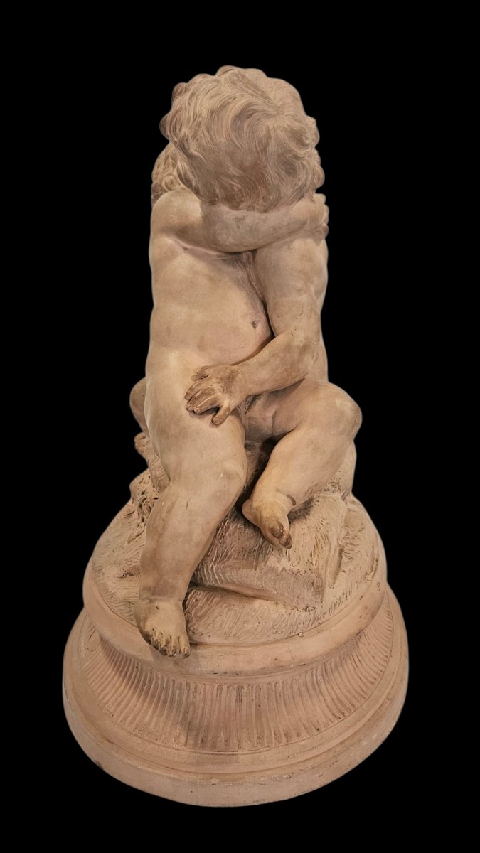 Groupe, sculpture en terre cuite d'après Berteault " Le baiser " fin 19 ème -photo-5