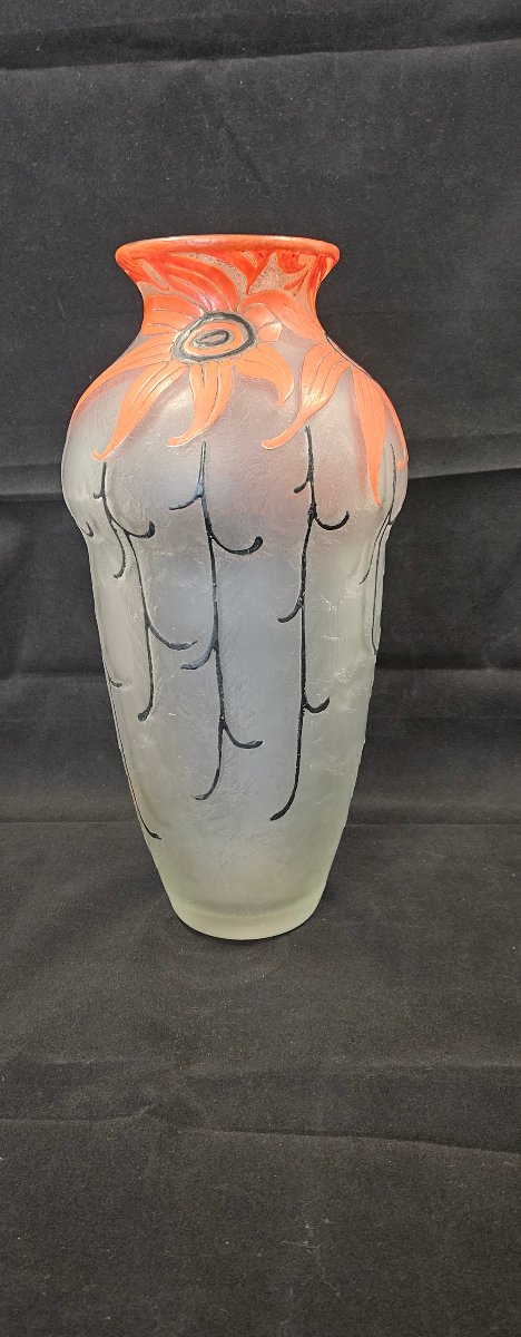 Grand vase LEGRAS décor de fleurs Art déco sur verre givré. Vers 1920-photo-4