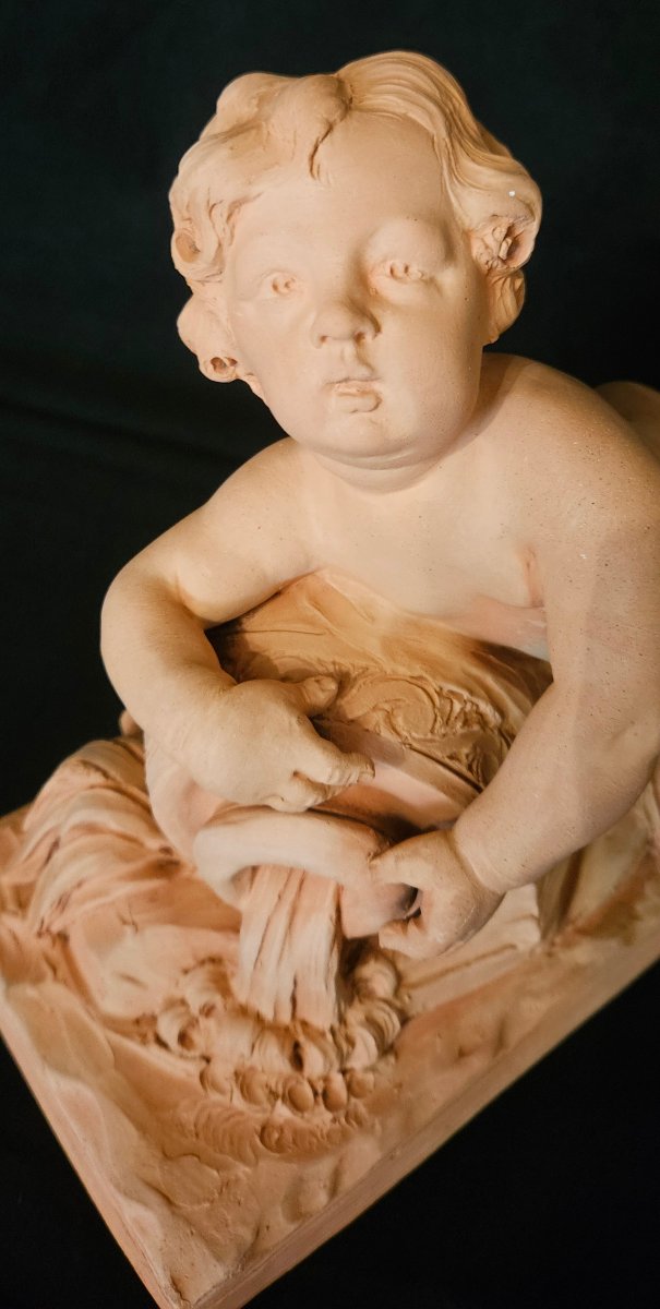 Terracotta Sculpture "cherub, Putti," Signed Cholin, 19th Century -photo-1