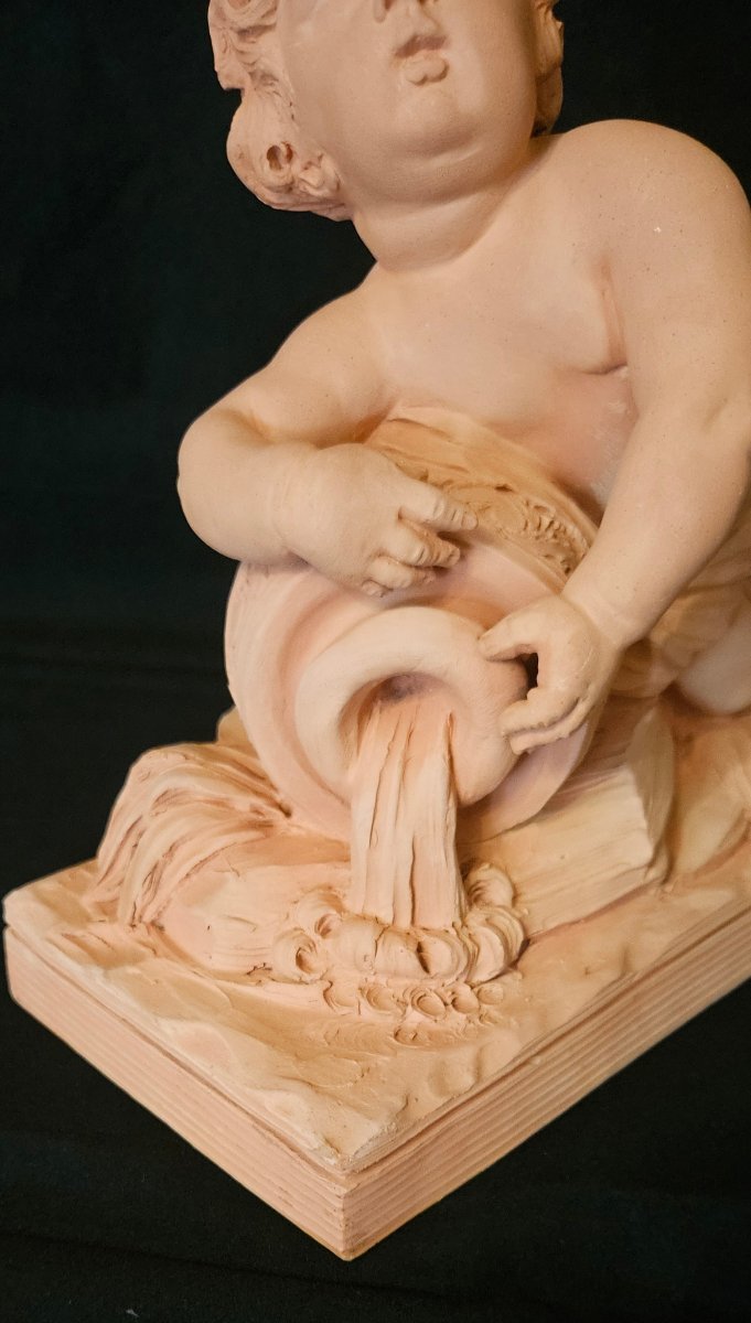Terracotta Sculpture "cherub, Putti," Signed Cholin, 19th Century -photo-3
